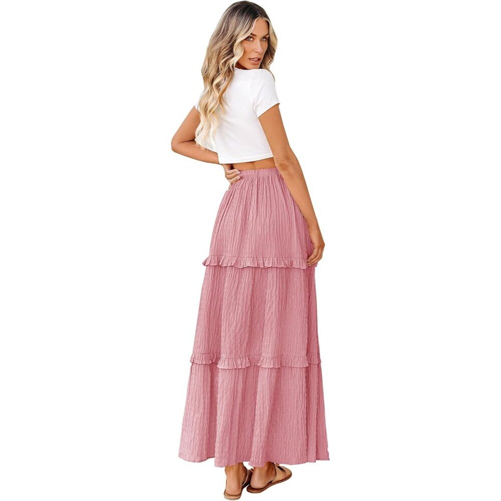 Women's Pink Long Elegant High Waist Cocktail Guest Flared A-Line Midi Skirt - Picture 2 of 6
